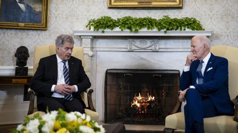 US President Joe Biden meets with Finnish President Sauli Niinistö in the Oval Office of the White House on March 4, 2022, in Washington, DC. (Getty Images)
