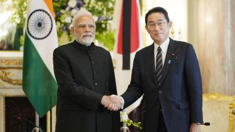 TOKYO, JAPAN - SEPTEMBER 27: Indian Prime Minister Narendra Modi, left, poses for a photo with Japanese Prime Minister Fumio Kishida before their meeting at Akasaka Palace state guest house on September 27, 2022 at the Akasaka State Guest House in Tokyo, Japan. Dignitaries including several current and former heads of state are visiting Japan for the state funeral of former prime minister Shinzo Abe, which will be held on Tuesday. Abe was assassinated in July while campaigning on a street. (Photo by Hiro Ko