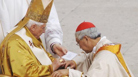 VATICAN CITY - MARCH 25: Newly appointed cardinal Joseph Zen Ze-Kiun, Archbishop of Hong Kong receives the cardinalitial ring from Pope Benedict XVI in Saint Peter's Square, March 25, 2006 in Vatican City. The Pontiff installed 15 new cardinals during the Consistory ceremony. (Photo by Franco Origlia - Getty Images)