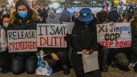 People protesting against China's Zero-COVID policy in solidarity with Urumqi people at Tiananmen Memorial in Chinatown, Boston, on December 2, 2022. (Tang Ka Huen/SOPA Images/LightRocket via Getty Images)