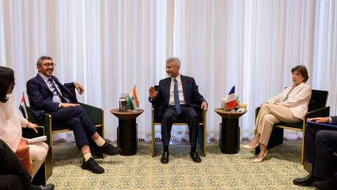French Foreign Minister Catherine Colonna meets with United Arab Emirates Foreign Minister Abdullah bin Zayed Al Nahyan and Indian External Affairs Minister Dr. S. Jaishankar during a trilateral ministerial meeting in New York, New York, on September 19, 2022. (Angela Weiss/AFP via Getty Images)