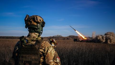  A Ukrainian soldier watches a self-propelled 220 mm multiple rocket launcher firing toward Russian positions on the front line in eastern Ukraine on November 29, 2022. (Anatolii Stepanov/AFP via Getty Images)
