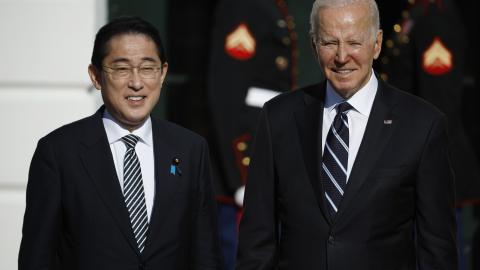 WASHINGTON, DC - JANUARY 13: U.S. President Joe Biden poses for photographs with Japanese Prime Minister Kishida Fumio after his arrival at the White House on January 13, 2023 in Washington, DC. Fumio is in Washington to meet with his counterparts during a round-the-world trip. (Photo by Chip Somodevilla/Getty Images)
