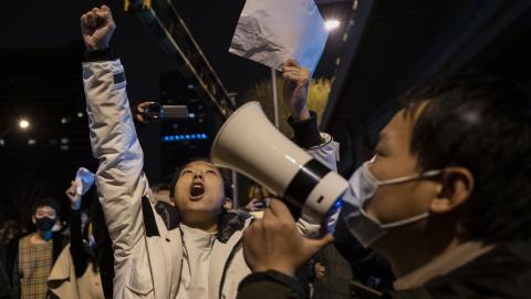 A protest against Chinas strict Zero-COVID measures on November 28, 2022, in Beijing, China. (Kevin Frayer/Getty Images)