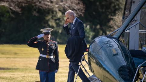 President Joe Biden disembarks Marine One on the South Lawn of the White House, Monday, January 16, 2023, after his trip to Wilmington, Delaware. (Official White House Photo by Adam Schultz)