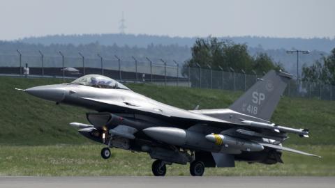 A U.S. Air Force F-16 Fighting Falcon aircraft assigned to the 480th Fighter Squadron, lands at Spangdahlem Air Base, Germany, April 30, 2022 after a three-month rotational deployment at Fetesti Air Base, Romania. Since 2014, the NATO Alliance has implemented assurance measures through enhanced Air Policing, with the goal to secure regional stability and assure Allies. (U.S. Air Force photo by Tech. Sgt. Anthony Plyler)
