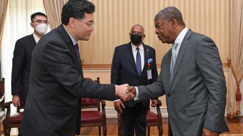 Angolan President Joao Lourenco (R, front) meets with visiting Chinese Foreign Minister Qin Gang in Luanda, Angola, Jan. 13, 2023. (Photo by Chen Cheng/Xinhua via Getty Images)