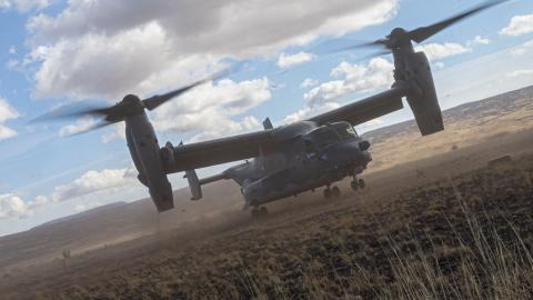 A CV-22 Osprey from the 71st Special Operations Squadron takes off after landing on a designated landing zone in Albuquerque, New Mexico, December 29, 2022. The 71st SOS regularly conducts training flights as part of their mission to train warriors, professionalize Airmen, and employ airpower. (U.S. Air Force photo by A1C Ruben Garibay)