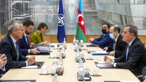 Jens Stoltenberg, NATO Secretary General, meets with Jeyhun Bayramov, Minister for Foreign Affairs of Azerbaijan.