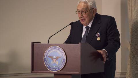 Dr. Henry A. Kissinger delivers remarks during an award ceremony hosted by the Secretary of Defense at the Pentagon honoring him for his years of distinguished public service May 9, 2016. Dr. Kissinger was presented with the Department of Defense Medal for Distinguished Public Service.(DoD photo by Senior Master Sgt. Adrian Cadiz)(Released)