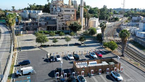 An aerial view of Tesla cars recharging at a Tesla Supercharger station, located next to Pasadena Water and Power on April 14, 2022 in Pasadena, California.