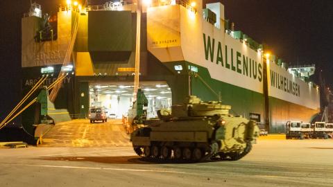 A Bradley Fighting Vehicle due for Ukraine loads onto the ARC Integrity on January 25, 2023, in North Charleston, South Carolina. (US Transportation Command photo by Oz Suguitan)