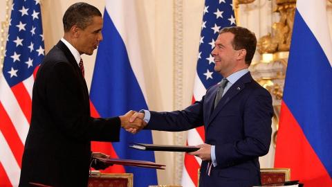 Barack Obama and Dmitry Medvedev after signing the "New START" treaty in Prague