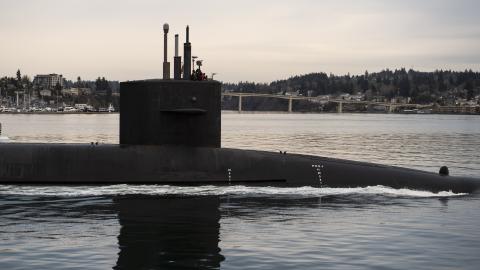 The Ohio-class ballistic missile submarine USS Louisiana (SSBN 743) transits Puget Sound following a 41-month engineered refueling overhaul at Puget Sound Naval Shipyard and Intermediate Maintenance Facility, February 9, 2023.