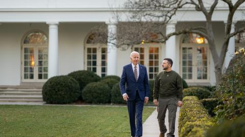President Joe Biden walks with Ukrainian President Volodymyr Zelenskyy, Wednesday, December 21, 2022, in the Rose Garden of the White House. (Official White House Photo by Adam Schultz)