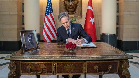 Secretary of State Antony J. Blinken signs a book of condolence after the earthquake disaster in Türkiye during his visit to the Turkish Embassy in Washington, DC, on February 10, 2023. (State Department photo by Freddie Everett)
