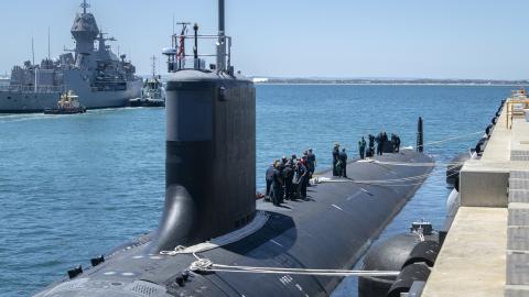 ARDEN ISLAND, Australia - The Virginia-class fast-attack submarine USS Mississippi (SSN 782) moors at Royal Australian Navy HMAS Stirling Naval Base, Nov. 28. Mississippi is currently on patrol in support of national security interests in the U.S. 7th Fleet area of operations. (U.S. Marine Corps photo by Lance Cpl. John Hall)