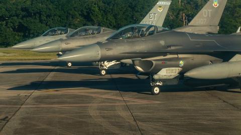 Three F-16s prepare for takeoff from Eglin Air Force Base in Florida on September 24, 2021. (US Air Force photo by Tristan McIntire)