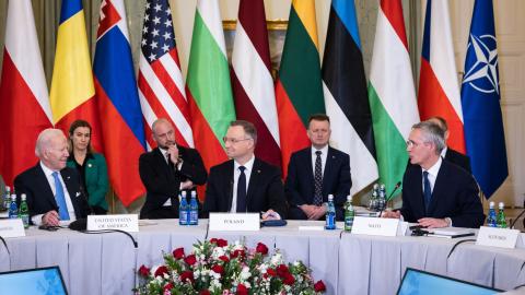 NATO Secretary General Jens Stoltenberg, President of Poland Andrzej Duda, and President Joe Biden at the B9 Summit in Poland on February 22, 2023. (NATO via Flickr)