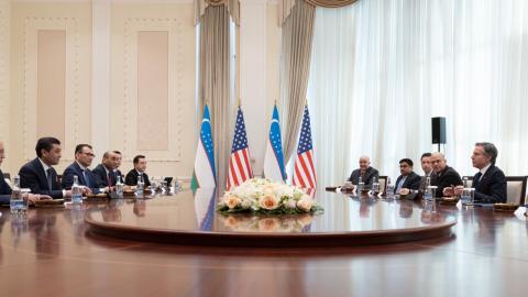 Secretary of State Antony J. Blinken meets with Acting Foreign Minister Bakhtiyor Saidov in Tashkent, Uzbekistan, on March 1, 2023. [State Department photo by Chuck Kennedy/ Public Domain]