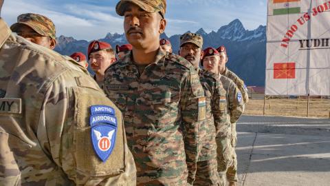 US Army's 11th Airborne Division Soldiers and Indian Army's 71st Mountain Brigade Soldiers stand at parade rest during a rehearsal prior to the closing ceremony for bilateral training exercise Yudh Abhyas 2022 in Auli, India, on December 2, 2022. (US Army Photo by Christopher Dennis)