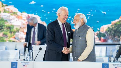 President Joe Biden greets India Prime Minister Narendra Modi at the Global Summit on Supply Chain Resilience Sunday, October 21, 2021, at La Nuvola Convention Center in Rome. (Official White House Photo by Adam Schultz)