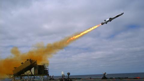 A Kongsberg Naval Strike Missile (NSM) is launched from the littoral combat ship USS Coronado (LCS 4) during missile testing operations off the coast of Southern California. The missile scored a direct hit on a mobile ship target. (U.S. Navy photo by Mass Communication Specialist 2nd Class Zachary D. Bell/Released)