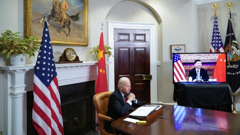 President Joe Biden meets with China's President Xi Jinping during a virtual summit from the Roosevelt Room of the White House in Washington, DC, on November 15, 2021. (Mandel Ngan/AFP via Getty Images)