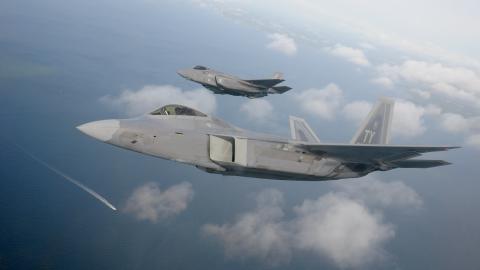 A F-22 Raptor from the 325th Fighter Wing flies alongside a F-35 Lightning II from the 33rd Fighter Wing over the Emerald Coast. (U.S. Air Force photo by 1st Lt Savanah Bray)
