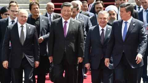 Leaders representing Russia, Pakistan, China, Uzbekistan, Iran, and Kyrgyzstan attend a meeting of the Shanghai Cooperation Organization Council of Heads of State in Bishek in 2019. (Vyacheslav Oseledko/AFP via Getty Images)