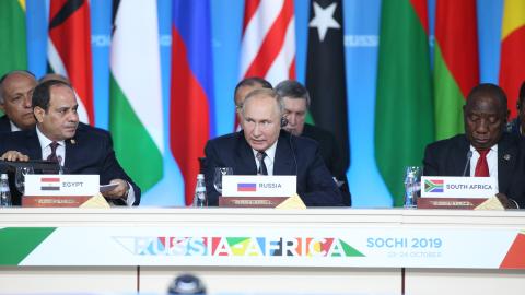 Russian President Vladimir Putin, Egyptian President Abdel Fattal el-Sisi, and South African President Cyril Ramaphosa during the plenary meeting of the Russia-Africa Summit on October 24, 2019, in the Black Sea resort of Sochi, Russia. (Mikhail Svetlov/Getty Images)