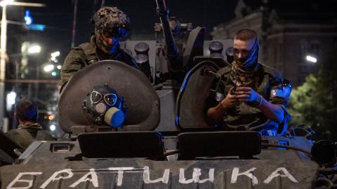  Members of Wagner group looks from a military vehicle with the sign read as "Brother" in Rostov-on-Don late on June 24, 2023. (Photo by Roman Romokhov/AFP via Getty Images)
