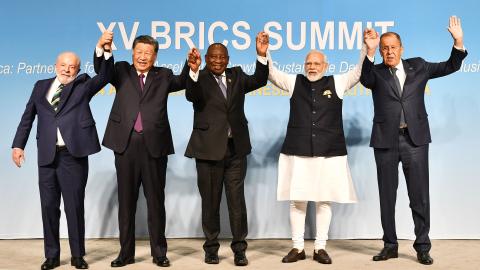 President of Brazil Luiz Inacio Lula da Silva, President of China Xi Jinping, South African President Cyril Ramaphosa, Prime Minister of India Narendra Modi, and Russia's Foreign Minister Sergei Lavrov pose for a BRICS family photo during the 2023 BRICS Summit at the Sandton Convention Centre in Johannesburg on August 23, 2023. (GovernmentZA via Flickr)