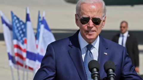 Joe Biden delivers a statement upon arrival at Israel's Ben Gurion Airport near Tel Aviv, Israel, on July 13, 2022. (Jack Guez/AFP via Getty Images)