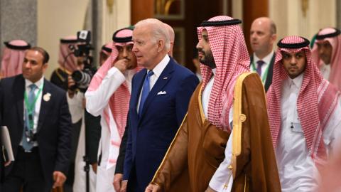 Joe Biden and Mohammed bin Salman at the Jeddah Security and Development Summit in Saudi Arabia's Red Sea coastal city of Jeddah on July 16, 2022. (Mandel Ngan/POOL/AFP via Getty Images)