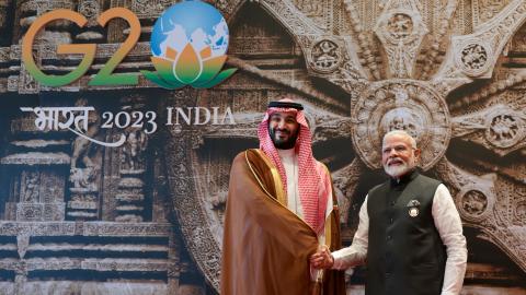 Indian Prime Minister Narendra Modi welcomes Saudi Crown Prince Mohammed bin Salman at Bharat Mandapam in New Delhi, India, on September 9, 2023. (Ministry of External Affairs of India via Flickr)