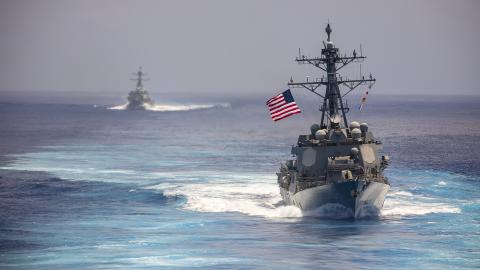  The Arleigh Burke-class guided-missile destroyer USS Wayne E. Meyer (DDG 108) steams in formation during a multiple large deck event in the Pacific Ocean on June 8, 2023. (US Navy photo)