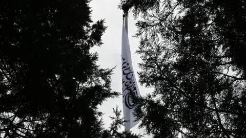 A Taliban flag at the Afghanistan embassy in Beijing on September 19, 2023. (Pedro Pardo/AFP via Getty Images)