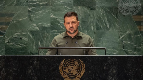 President of Ukraine Volodymyr Zelenskyy addresses the general debate of the General Assembly’s seventy-eighth session on September 19, 2023. (UN Photo via Flickr)