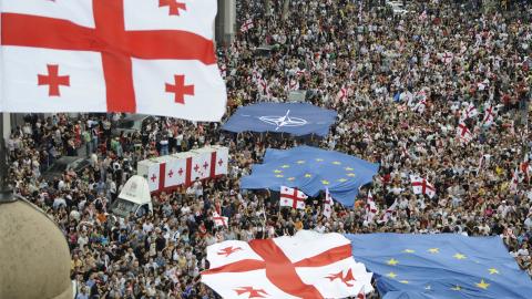 Georgians attend a rally in Tbilisi on September 1, 2008, to protest Russian occupation of parts of the ex-Soviet Republic. (Irakli Gedenidze/REUTERS/AFP via Getty Images)