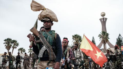 Tigray People's Liberation Front fighters prepare to leave for another field at Tigray Martyr's Memorial Monument Center in Mekele, Ethiopia, on June 30, 2021. (Yasuyoshi Chiba/AFP via Getty Images)