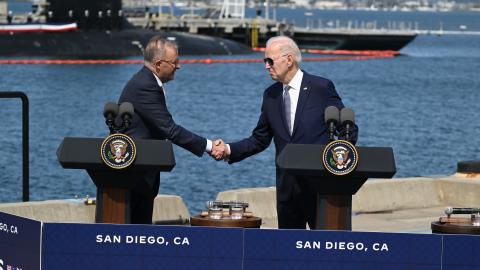 President Joe Biden and Prime Minister Anthony Albanese shake hands at Naval Base Point Loma in San Diego, California, on March, 13, 2023. (Photo by Tayfun Coskun/Anadolu Agency via Getty Images)