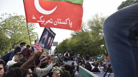 Former Pakistani Prime Minister and Chairman of Pakistan Tehreek-e-Insaf Imran Khan leads a rally to show solidarity with Constitution, Supreme Court, and Chief Justice of Pakistan in Lahore, Pakistan, on May 6, 2023. (Khurram Amin/Anadolu Agency via Getty Images)