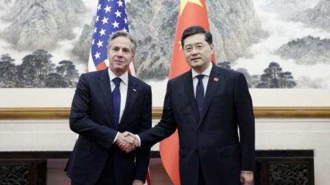 Secretary of State Antony Blinken meets with State Councilor and Foreign Minister of China Qin Gang in Beijing, China, on June 19, 2023. (Foreign Ministry of China/Anadolu Agency via Getty Images)