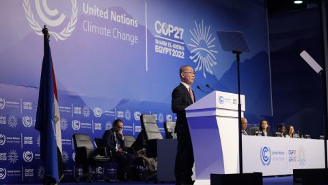 Hoesung Lee Chair of the Intergovernmental Panel on Climate Change speaks on the first day of the UNFCCC COP27 climate conference on November 6, 2022, in Sharm El Sheikh, Egypt. (Sean Gallup via Getty Images)