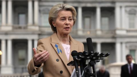 President of European Commission Ursula von der Leyen speaks to members of the press after a bilateral meeting with President Joe Biden in the Oval Office of the White House on March 10, 2023, in Washington, DC. (Photo by Alex Wong/Getty Images)