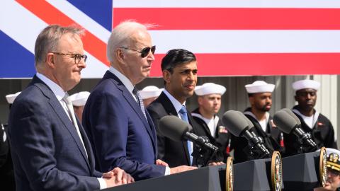 Australian Prime Minister Anthony Albanese, United States President Joe Biden, and British Prime Minister Rishi Sunak hold a press conference after a trilateral meeting during the AUKUS summit on March 13, 2023, in San Diego, California. (Leon Neal via Getty Images)