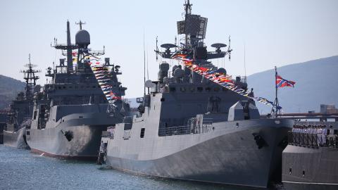 Russia's Black Sea Fleet warships take part in the Navy Day celebrations in the port city of Novorossiysk on July 30, 2023. (Stringer/AFP via Getty Images)