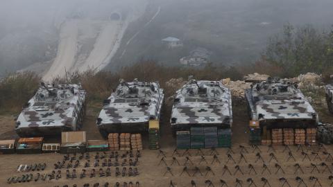 Weapons, vehicles, and other military equipment captured by the Azerbaijani army in Signag, Azerbaijan. (Photo by Emmanuel Dunand/AFP via Getty Images)