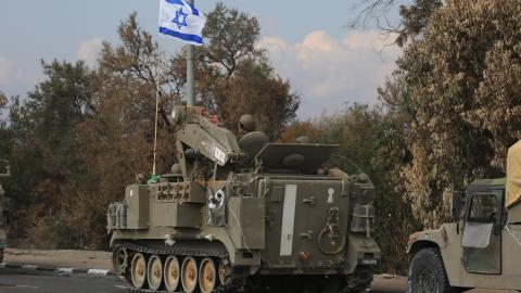 An Israeli armored vehicle near the Gaza border in Sderot, Israel, on October 16, 2023. (Photo by Saeed Qaq/Anadolu via Getty Images)